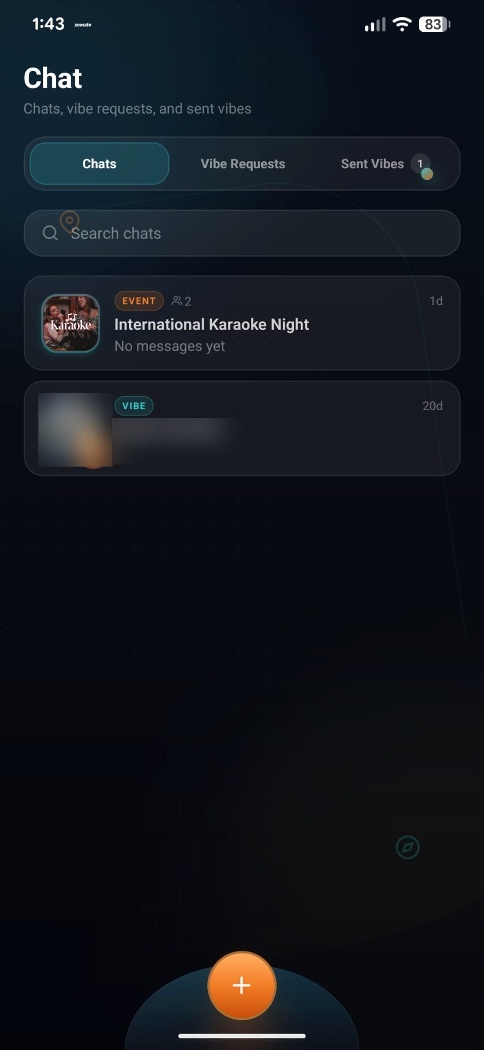 Tonyte Chat screen with tabs for Chats, Vibe Requests and Sent Vibes, listing an event chat and a direct chat