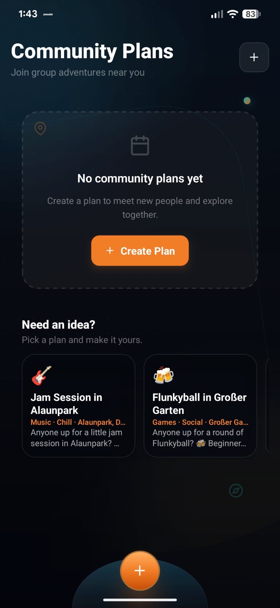 Tonyte Community Plans with a Create Plan button and plan ideas such as a jam session in Alaunpark and Flunkyball in Großer Garten