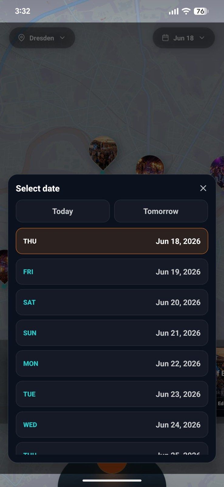Tonyte map with the date picker open