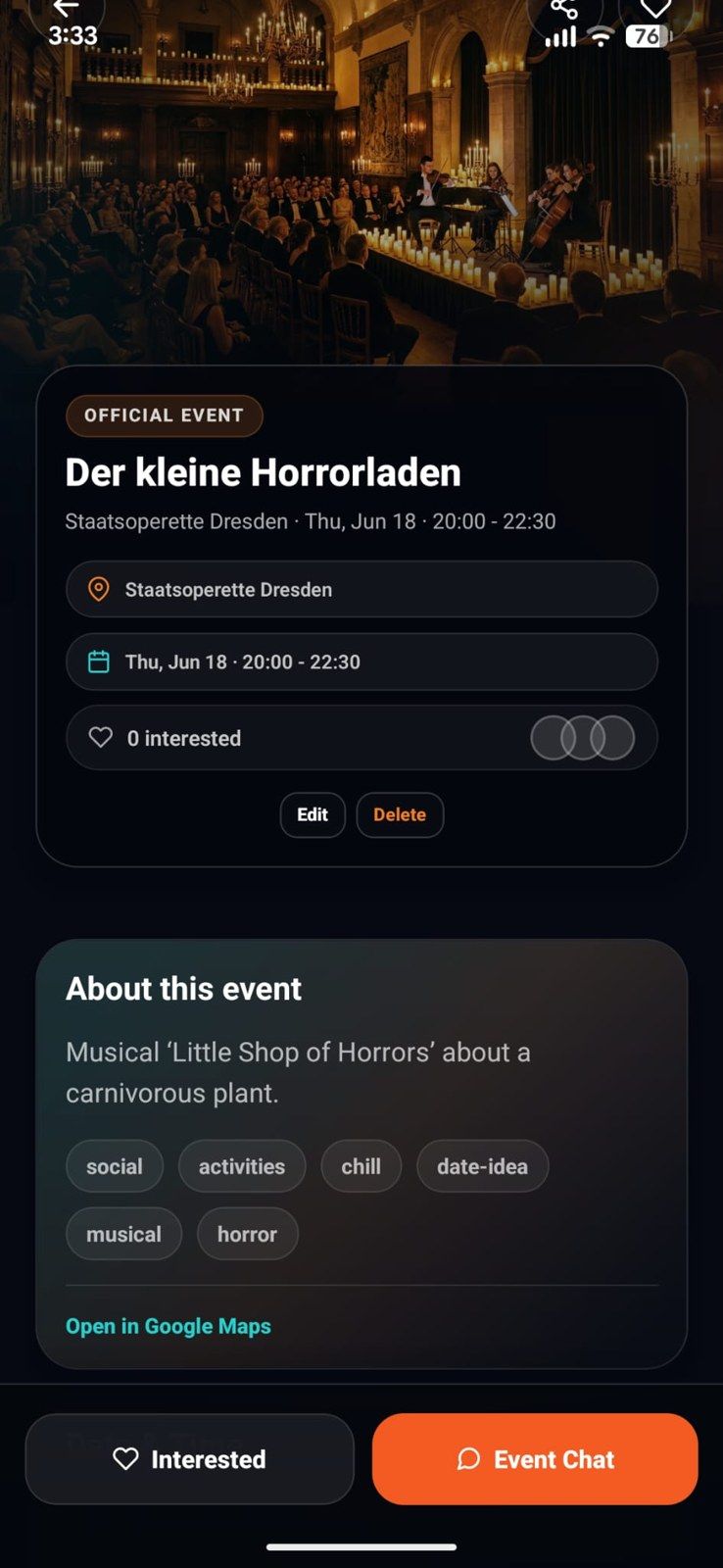 Tonyte event detail with Interested and Event chat buttons