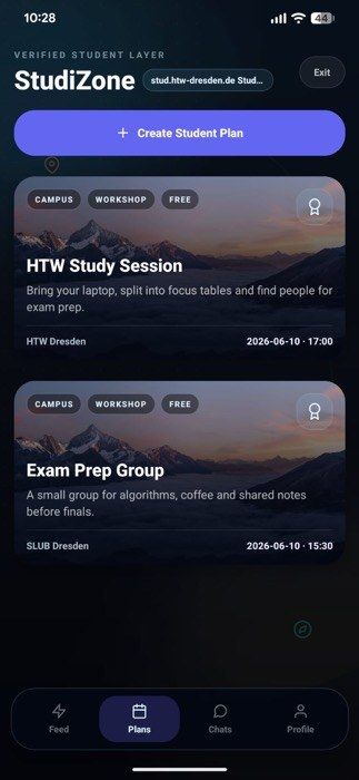 StudiZone with student plans such as an HTW study session and an exam prep group