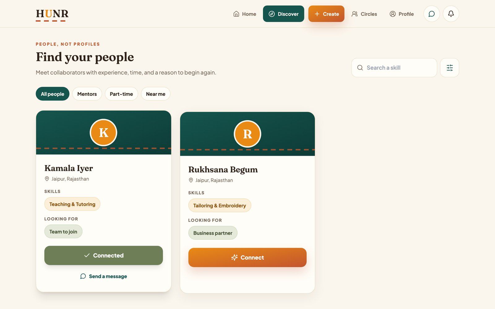HUNR Discover page with two people cards, one connected and offering “Send a message”
