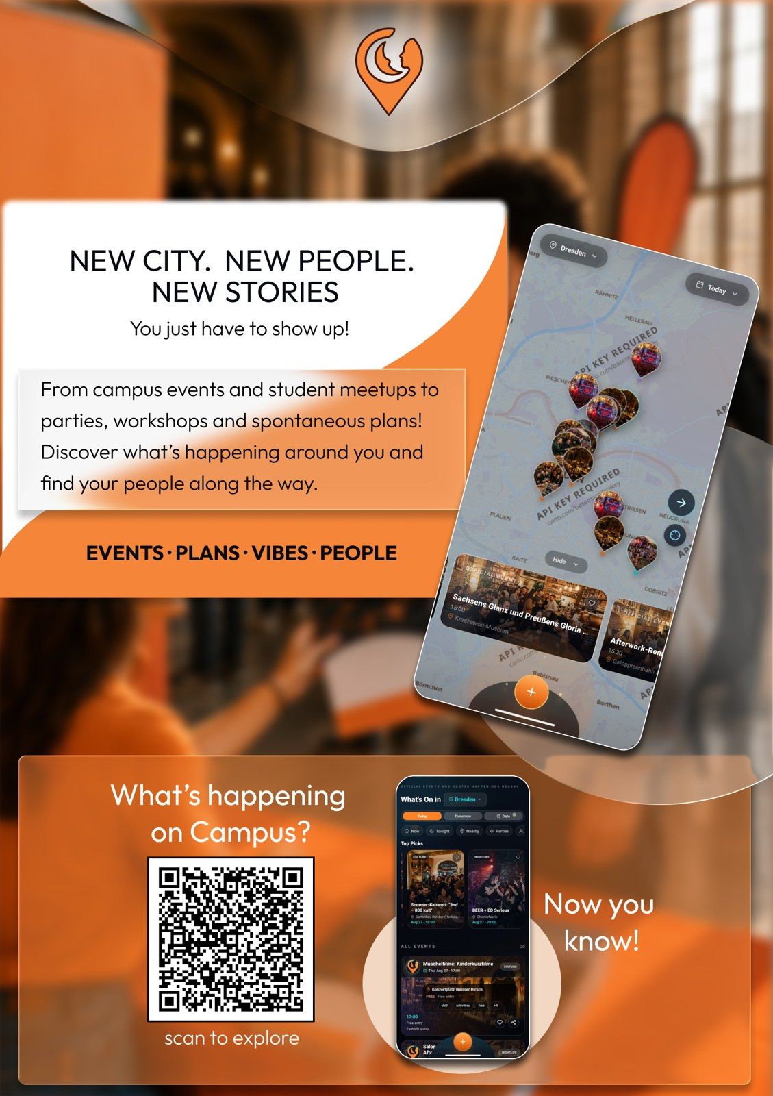 Tonyte flyer: “New city. New people. New stories.” with a QR code