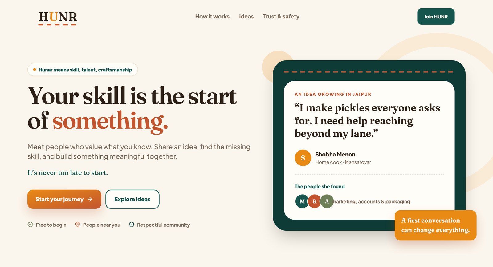 HUNR landing page: “Your skill is the start of something.”, with buttons to start your journey or explore ideas