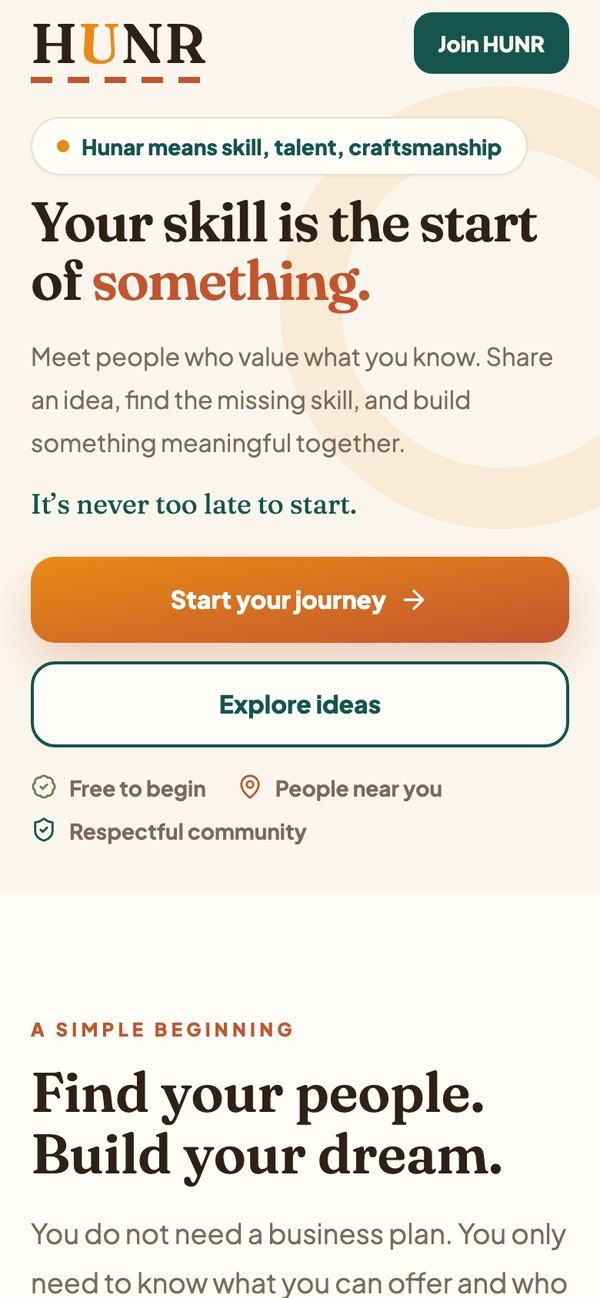 HUNR landing page on a phone