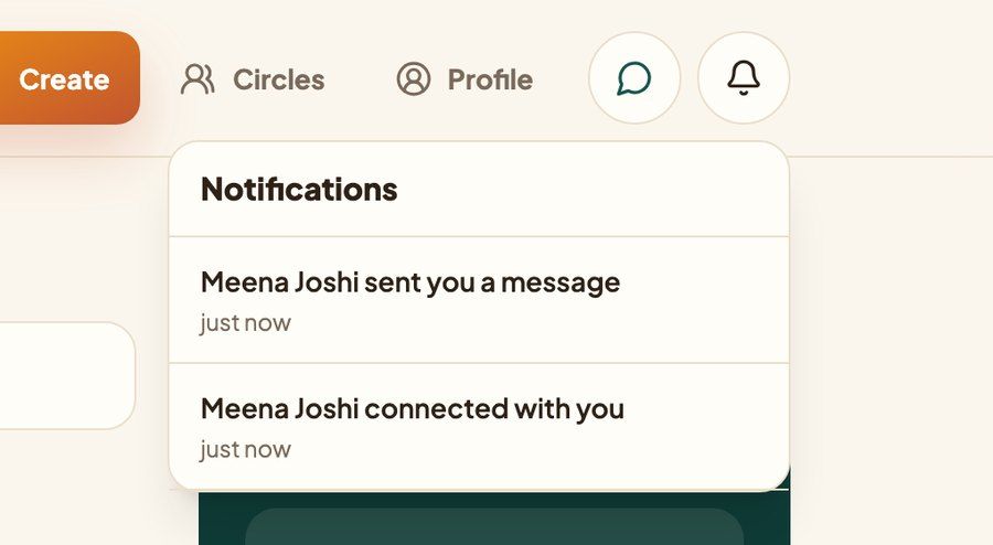 HUNR notifications panel: “Meena Joshi sent you a message” and “Meena Joshi connected with you”