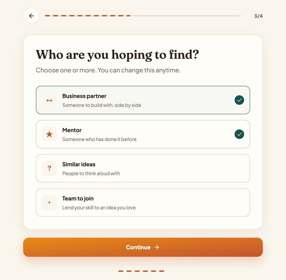 HUNR onboarding step: “Who are you hoping to find?” with Business partner and Mentor selected