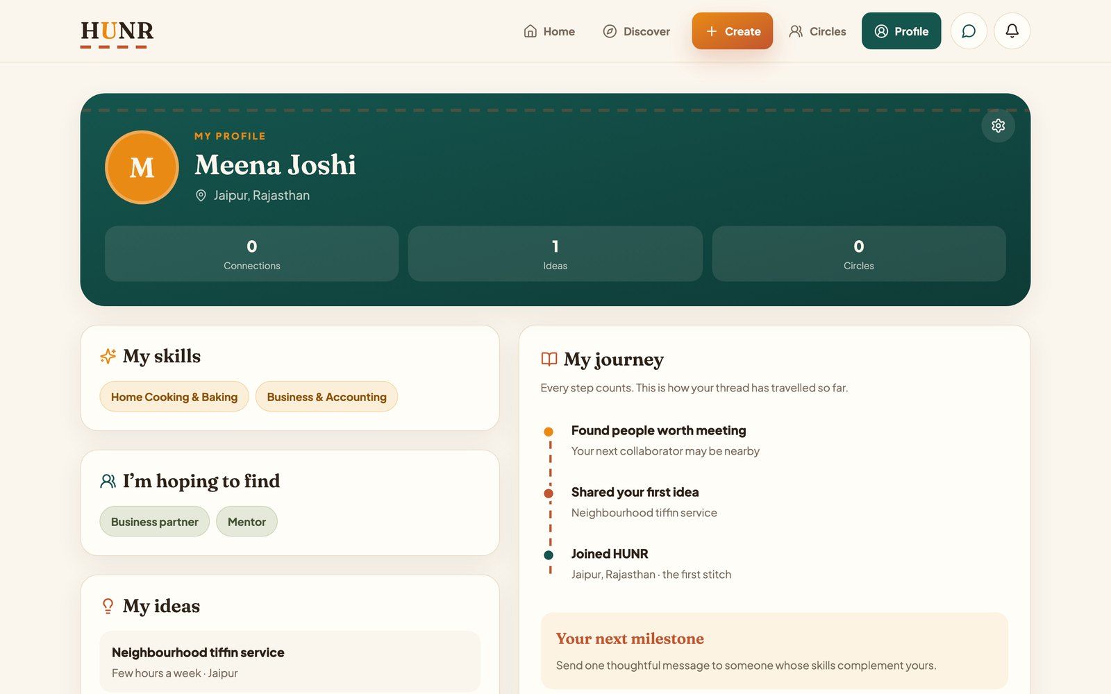 HUNR profile with skills, goals, ideas and a “My journey” timeline