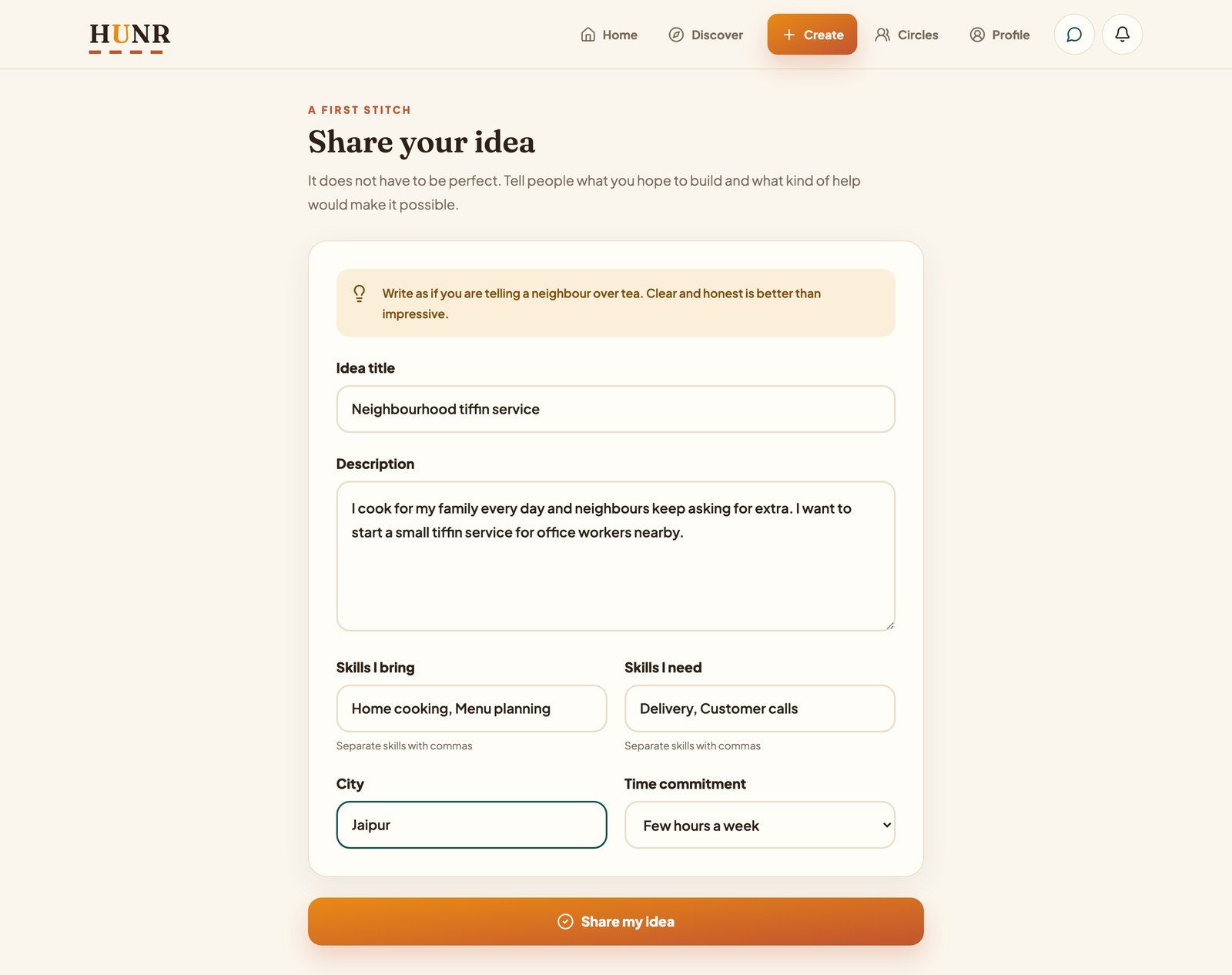 HUNR Share your idea form filled in for a neighbourhood tiffin service