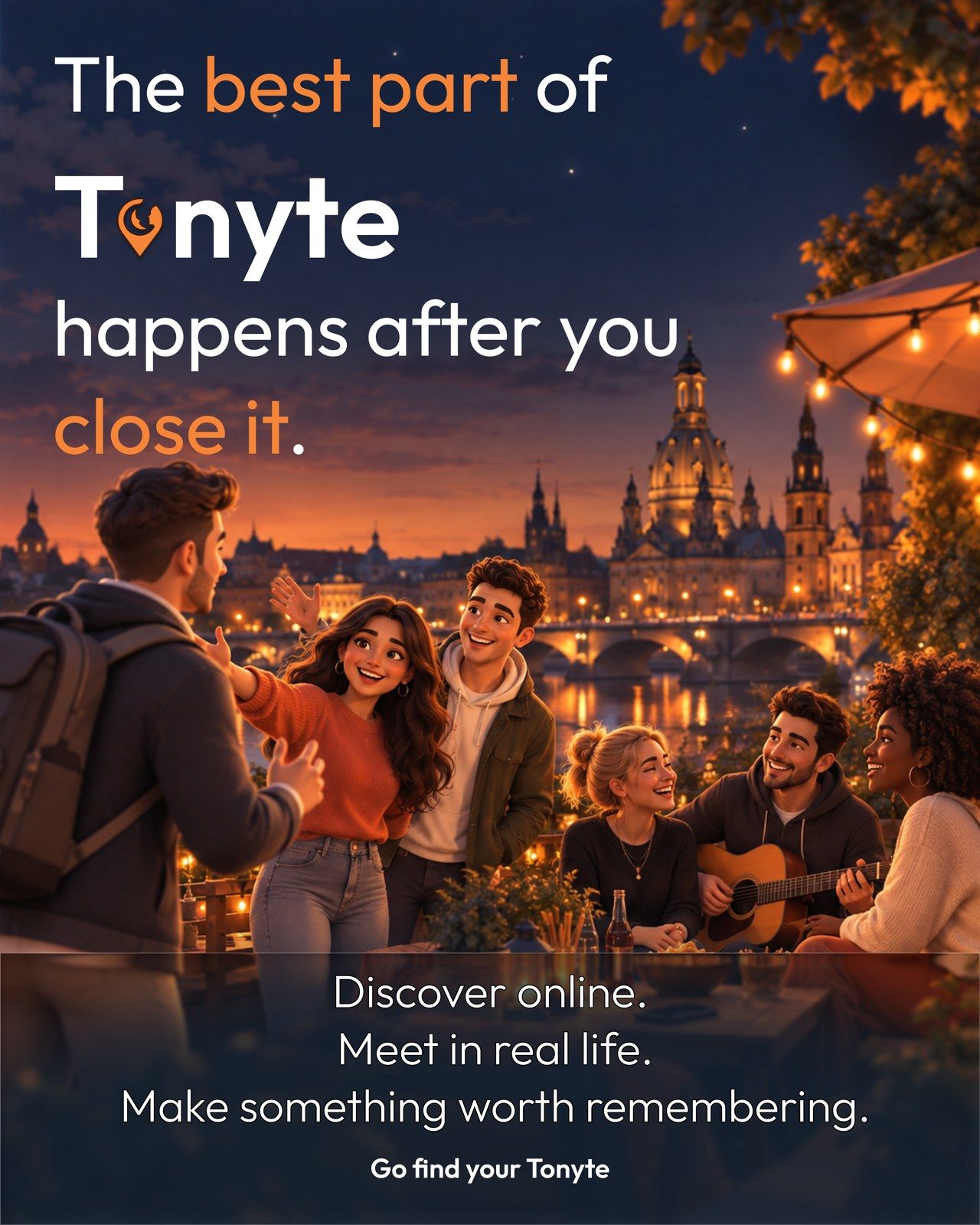Instagram post: “The best part of Tonyte happens after you close it”, with friends outdoors in Dresden at dusk