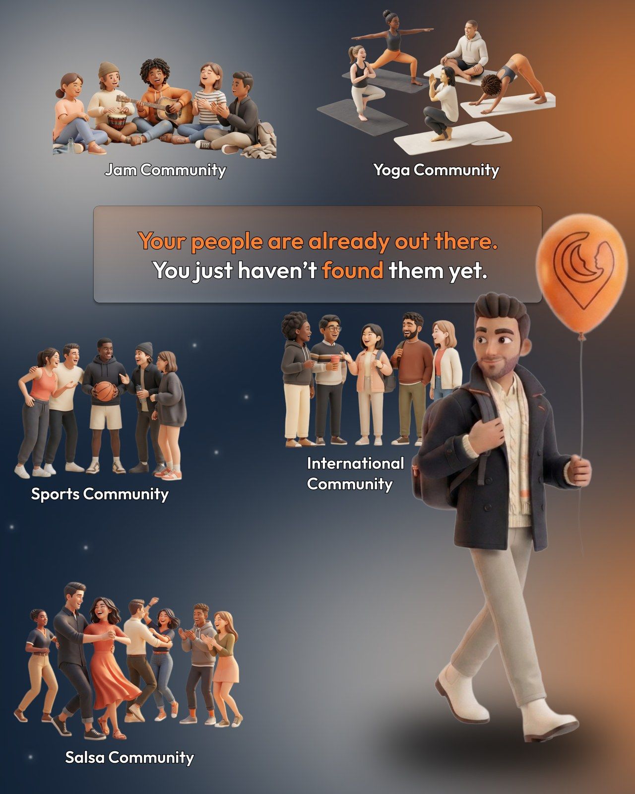 Instagram post: “Your people are already out there”, showing jam, yoga, sports, salsa and international communities