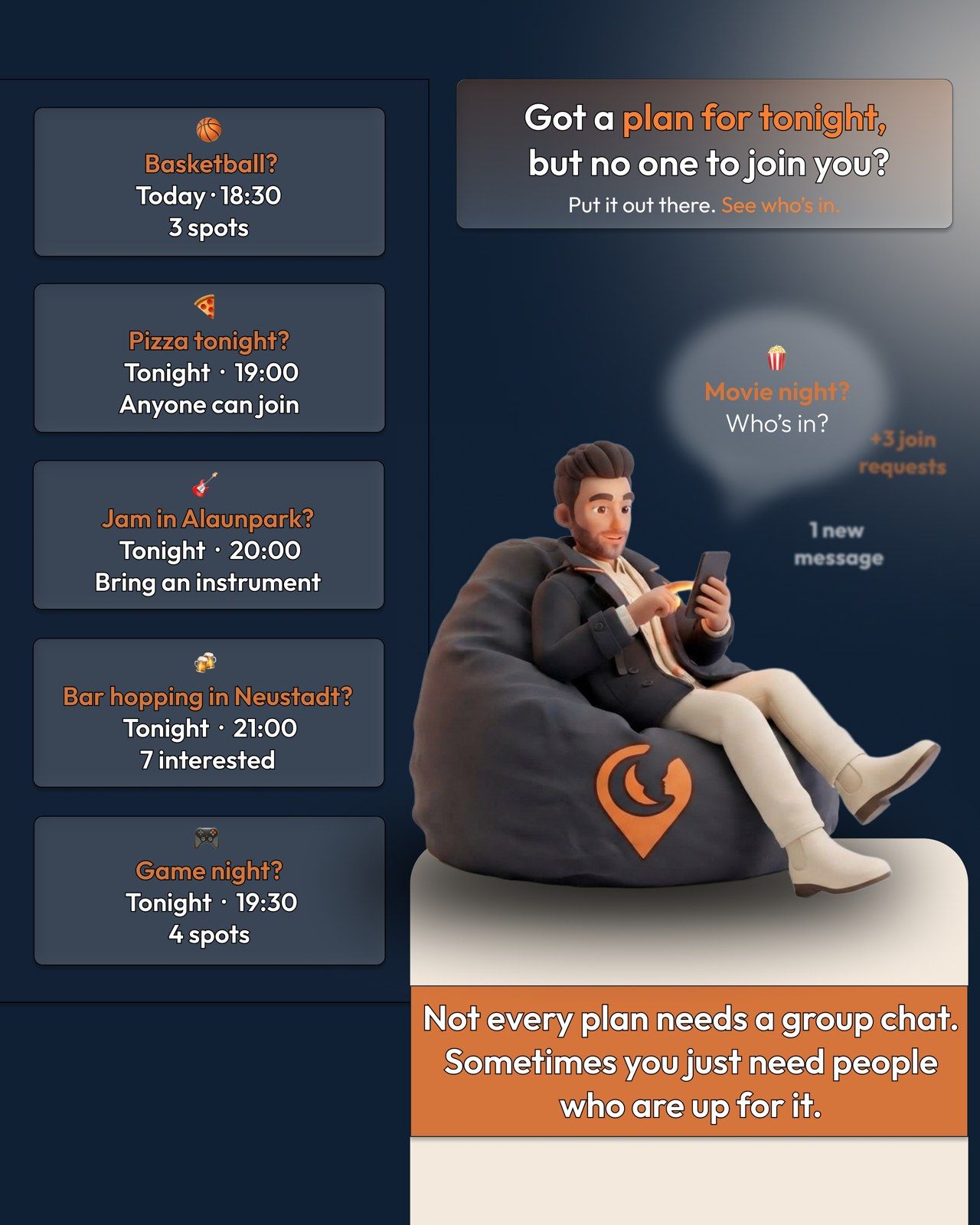 Instagram post: “Got a plan for tonight but no one to join you?”, with example plan cards