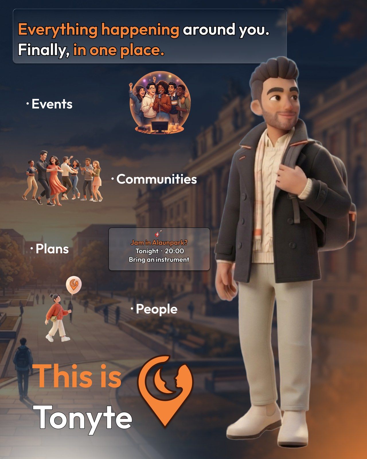 Instagram post introducing Tonyte: events, communities, plans and people