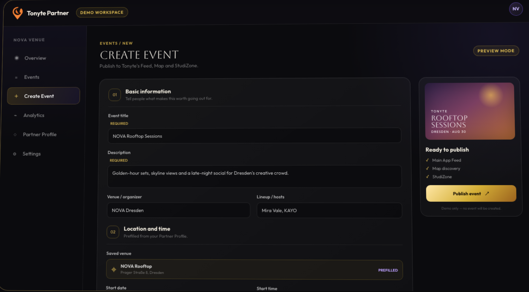 Tonyte partner dashboard showing the Create Event form in a demo workspace