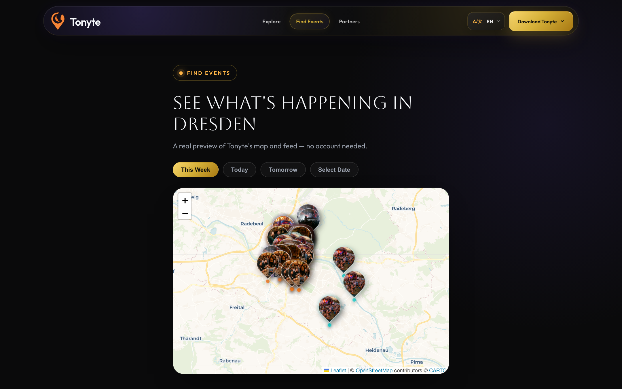 Tonyte Find Events page with a map of Dresden and date filters